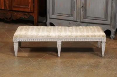 Swedish Neoclassical Style 1880s Painted Wood Bench with Carved Waterleaf Motifs