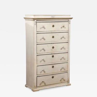Swedish Neoclassical Style Painted Tall Chest with Carved Faces and Palmettes