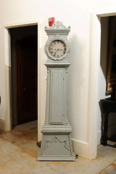 Swedish Neoclassical Style Painted Wood Longcase Clock with Carved Palmette