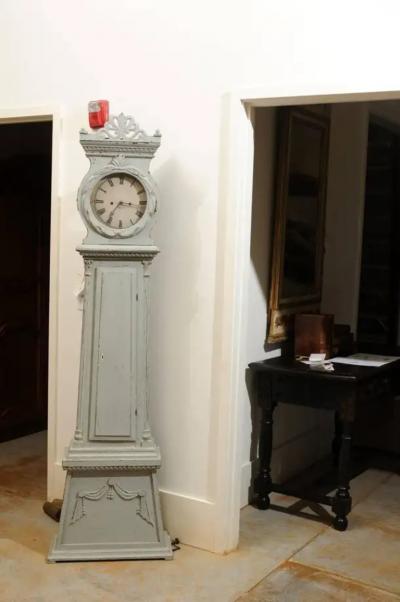 Swedish Neoclassical Style Painted Wood Longcase Clock with Carved Palmette