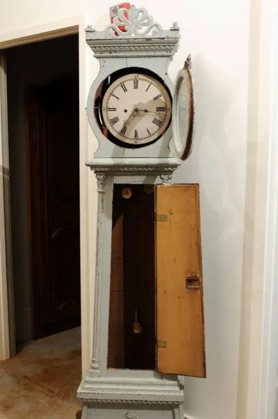 Swedish Neoclassical Style Painted Wood Longcase Clock with Carved Palmette