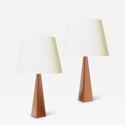 Swedish Pair of Triangular Table Lamps in Tan Leather