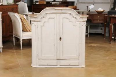 Swedish Rococo 1770s Painted Wood Wall Cabinet with Chapeau de Gendarme Cornice