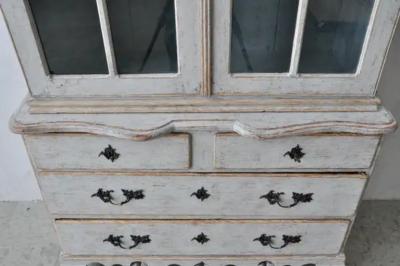 Swedish Rococo Style 1850s Bonnet Top Cabinet with Glass Doors and Drawers