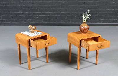 Swedish Scandinavian Modern Oak Night Stands w Brass Accent Handle