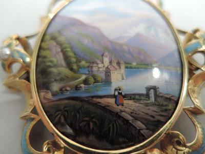 Swiss Gold Enamel Brooch with Romantic Chateau de Chillon C 1880