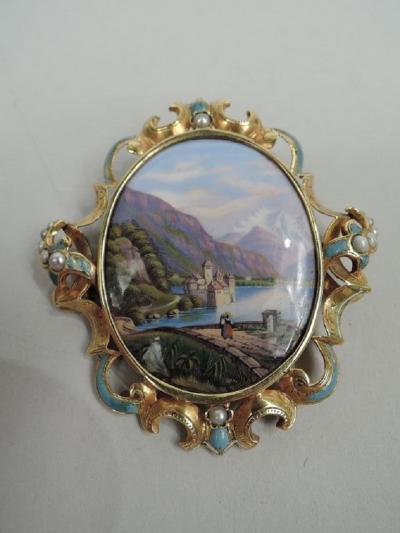Swiss Gold Enamel Brooch with Romantic Chateau de Chillon C 1880