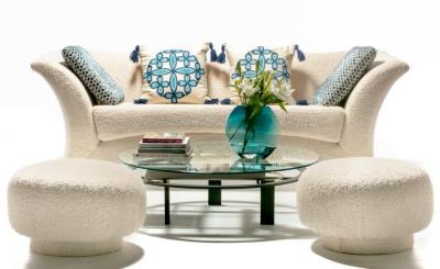 Swivel Mushroom Top Post Modern Style Ottoman Pouf in Ivory White Boucl 