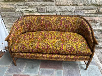 T H Robsjohn Gibbings Magnificent Faux Bamboo Mid Century Loveseat Settee Eaglesham Paisley