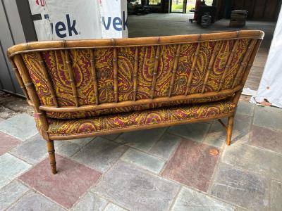 T H Robsjohn Gibbings Magnificent Faux Bamboo Mid Century Loveseat Settee Eaglesham Paisley
