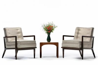 T H Robsjohn Gibbings Pair of T H Robsjohn Gibbings Lounge Chairs in Romo Fabric for Widdicomb