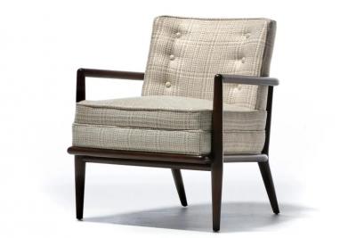 T H Robsjohn Gibbings Pair of T H Robsjohn Gibbings Lounge Chairs in Romo Fabric for Widdicomb