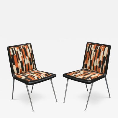 T H Robsjohn Gibbings Pair of Very Rare T H Robsjohn Gibbings Side Chairs Wood Nickel Upholstery