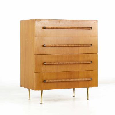 T H Robsjohn Gibbings Robsjohn Gibbings for Widdicomb 4 Drawer Walnut Cane and Brass Highboy Dresser