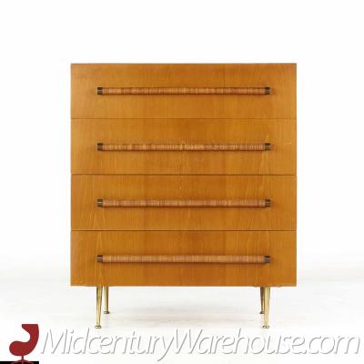 T H Robsjohn Gibbings Robsjohn Gibbings for Widdicomb 4 Drawer Walnut Cane and Brass Highboy Dresser