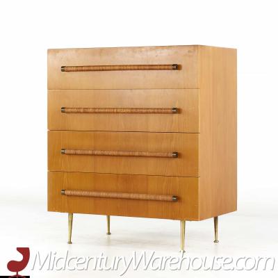 T H Robsjohn Gibbings Robsjohn Gibbings for Widdicomb 4 Drawer Walnut Cane and Brass Highboy Dresser