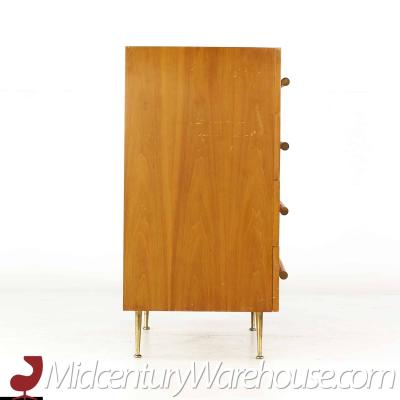 T H Robsjohn Gibbings Robsjohn Gibbings for Widdicomb 4 Drawer Walnut Cane and Brass Highboy Dresser
