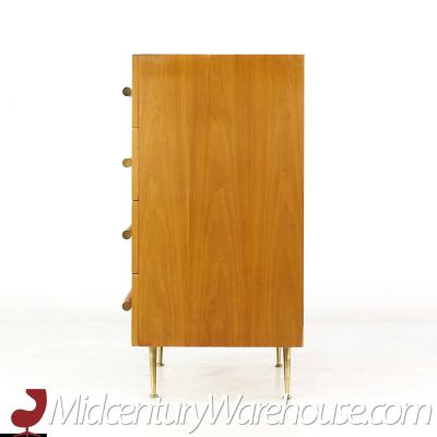 T H Robsjohn Gibbings Robsjohn Gibbings for Widdicomb 4 Drawer Walnut Cane and Brass Highboy Dresser