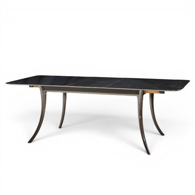 T H Robsjohn Gibbings Robsjohn Gibbings for Widdicomb Ebonized Saber Leg Dining Table with 2 Leaves