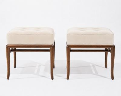 T H Robsjohn Gibbings Set of Stools by T H Robsjohn Gibbings in Walnut and Velvet C 1950s