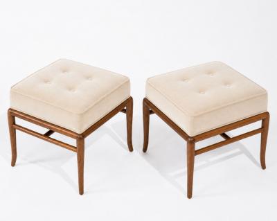 T H Robsjohn Gibbings Set of Stools by T H Robsjohn Gibbings in Walnut and Velvet C 1950s