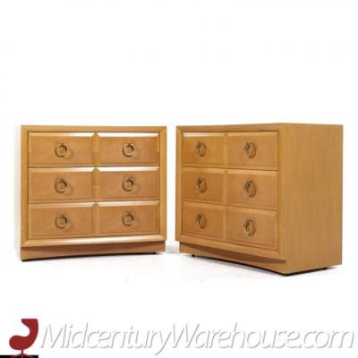 T H Robsjohn Gibbings T H Robsjohn Gibbings Mid Century Maple and Brass Three Drawer Chest Pair