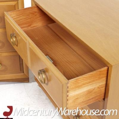 T H Robsjohn Gibbings T H Robsjohn Gibbings Mid Century Maple and Brass Three Drawer Chest Pair