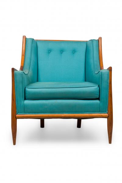 T H Robsjohn Gibbings T H Robsjohn Gibbings Modern Walnut and Blue Upholstery Bergere Armchairs