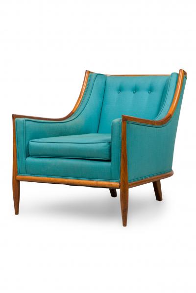 T H Robsjohn Gibbings T H Robsjohn Gibbings Modern Walnut and Blue Upholstery Bergere Armchairs
