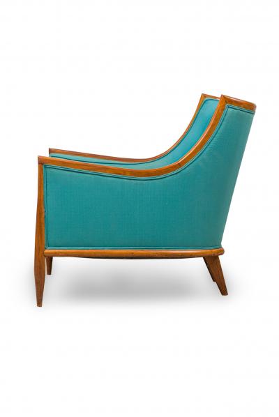 T H Robsjohn Gibbings T H Robsjohn Gibbings Modern Walnut and Blue Upholstery Bergere Armchairs