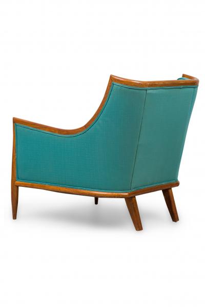 T H Robsjohn Gibbings T H Robsjohn Gibbings Modern Walnut and Blue Upholstery Bergere Armchairs