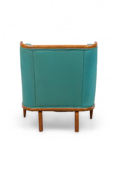 T H Robsjohn Gibbings T H Robsjohn Gibbings Modern Walnut and Blue Upholstery Bergere Armchairs
