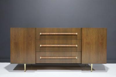T H Robsjohn Gibbings T H Robsjohn Gibbings Rare Sideboard or Cabinet in Walnut Rattan and Brass