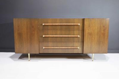 T H Robsjohn Gibbings T H Robsjohn Gibbings Rare Sideboard or Cabinet in Walnut Rattan and Brass