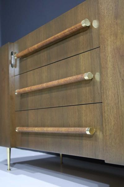 T H Robsjohn Gibbings T H Robsjohn Gibbings Rare Sideboard or Cabinet in Walnut Rattan and Brass