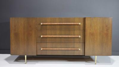 T H Robsjohn Gibbings T H Robsjohn Gibbings Rare Sideboard or Cabinet in Walnut Rattan and Brass