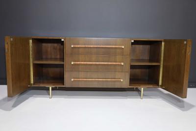 T H Robsjohn Gibbings T H Robsjohn Gibbings Rare Sideboard or Cabinet in Walnut Rattan and Brass