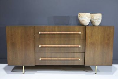 T H Robsjohn Gibbings T H Robsjohn Gibbings Rare Sideboard or Cabinet in Walnut Rattan and Brass
