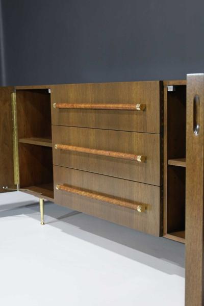 T H Robsjohn Gibbings T H Robsjohn Gibbings Rare Sideboard or Cabinet in Walnut Rattan and Brass