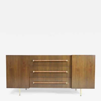 T H Robsjohn Gibbings T H Robsjohn Gibbings Rare Sideboard or Cabinet in Walnut Rattan and Brass