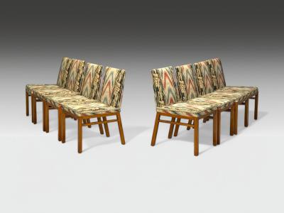 T H Robsjohn Gibbings T H Robsjohn Gibbings Walnut Scalamandre Fabric Dining Chairs USA 1950s