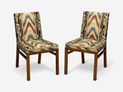 T H Robsjohn Gibbings T H Robsjohn Gibbings Walnut Scalamandre Fabric Dining Chairs USA 1950s