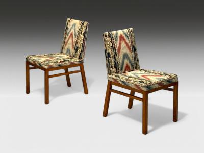 T H Robsjohn Gibbings T H Robsjohn Gibbings Walnut Scalamandre Fabric Dining Chairs USA 1950s