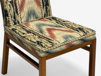 T H Robsjohn Gibbings T H Robsjohn Gibbings Walnut Scalamandre Fabric Dining Chairs USA 1950s