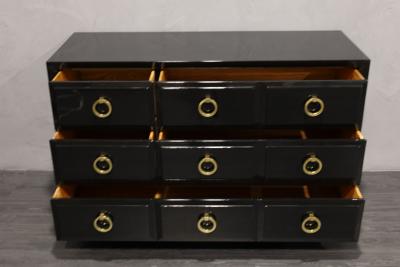 T H Robsjohn Gibbings T H Robsjohn Gibbings for Widdicomb Black Lacquer Chest with Solid Brass Pulls