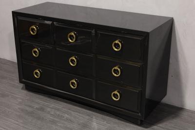 T H Robsjohn Gibbings T H Robsjohn Gibbings for Widdicomb Black Lacquer Chest with Solid Brass Pulls