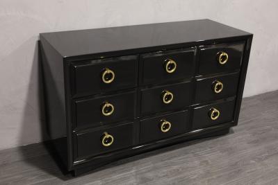 T H Robsjohn Gibbings T H Robsjohn Gibbings for Widdicomb Black Lacquer Chest with Solid Brass Pulls