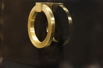 T H Robsjohn Gibbings T H Robsjohn Gibbings for Widdicomb Black Lacquer Chest with Solid Brass Pulls