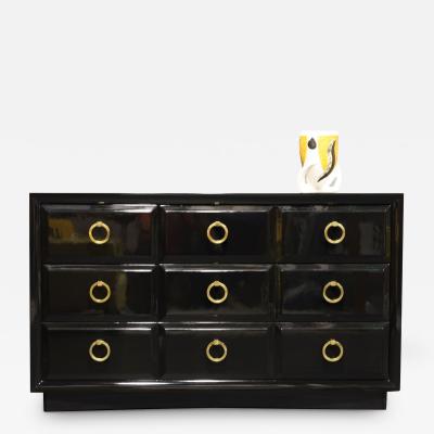 T H Robsjohn Gibbings T H Robsjohn Gibbings for Widdicomb Black Lacquer Chest with Solid Brass Pulls