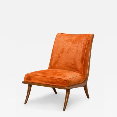 T H Robsjohn Gibbings T H Robsjohn Gibbings for Widdicomb Orange Velour and Walnut Slipper Chair